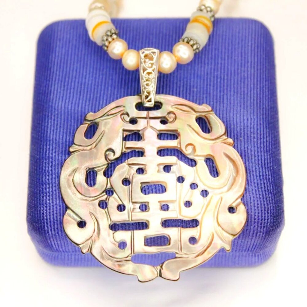 925 Sterling Silver GSK Gemstone King Carved Abalone Pearl Necklace Summer